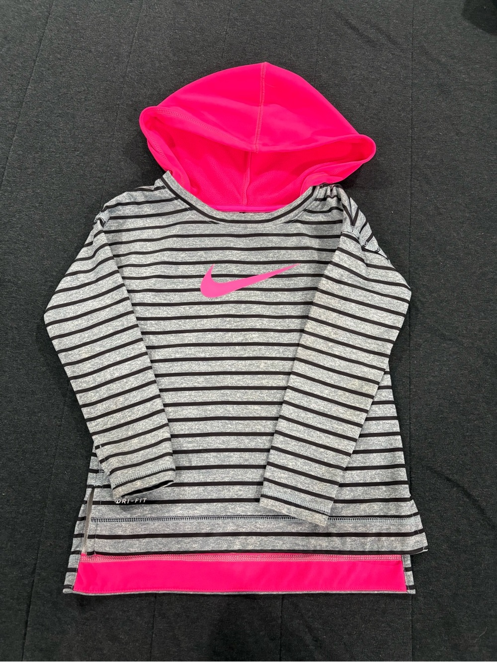 Nike Girls Gray Striped Hoodie Top with Pink Hood and Swoosh